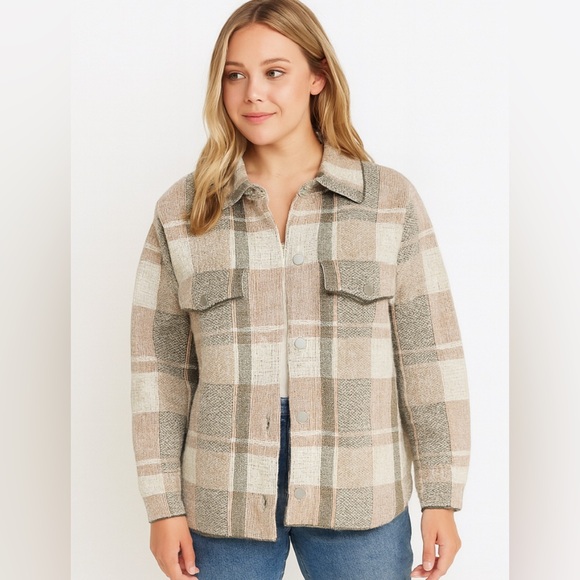Rachel Zoe Plaid Shacket Coatigan 2X Beige Long Sleeve Snaps Soft Brushed Knit - Picture 1 of 8